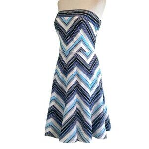 White House Black Market Strapless Blue Chevron Striped Woven Flare Dress
